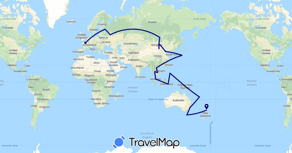 TravelMap itinerary: driving in Australia, China, France, Indonesia, Japan, Cambodia, Laos, Mongolia, Malaysia, New Zealand, Papua New Guinea, Philippines, Russia, Thailand (Asia, Europe, Oceania)